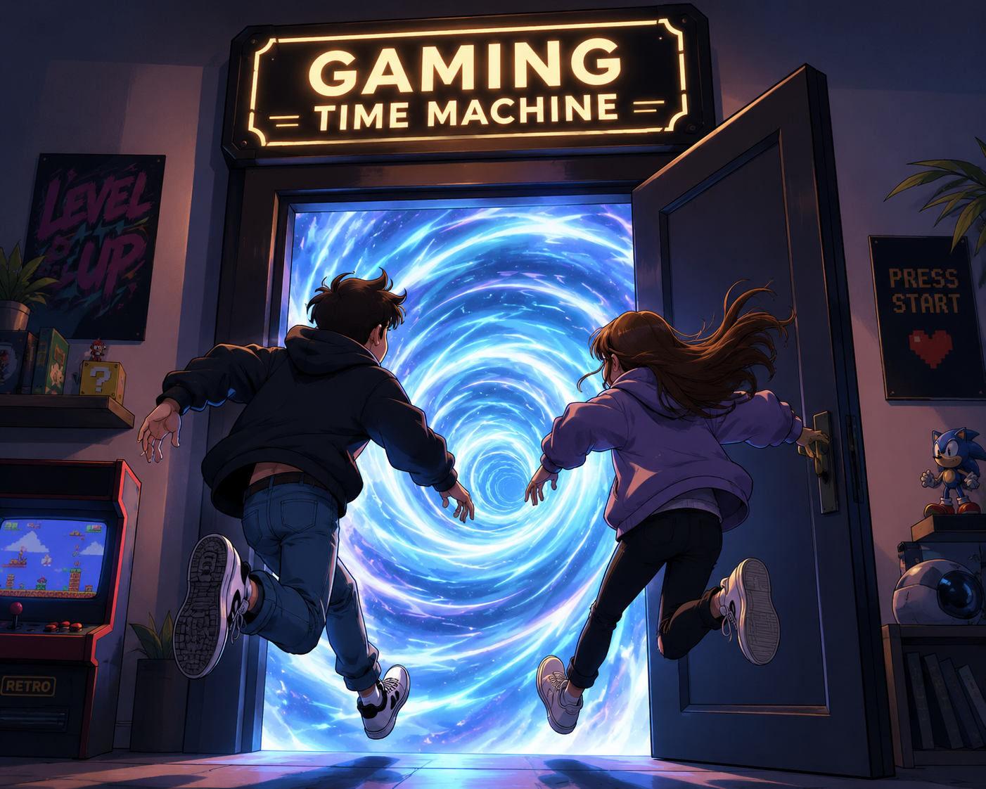 Two players leaping into the glowing Gaming Time Machine archive entrance.